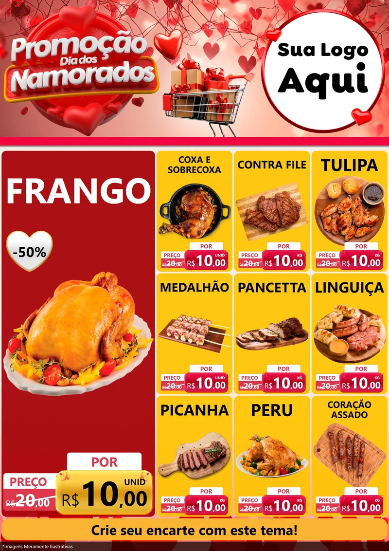 Modelo de Encarte para Encarte A4 Vertical com o tema Promoção Dia dos Namorados para Assados