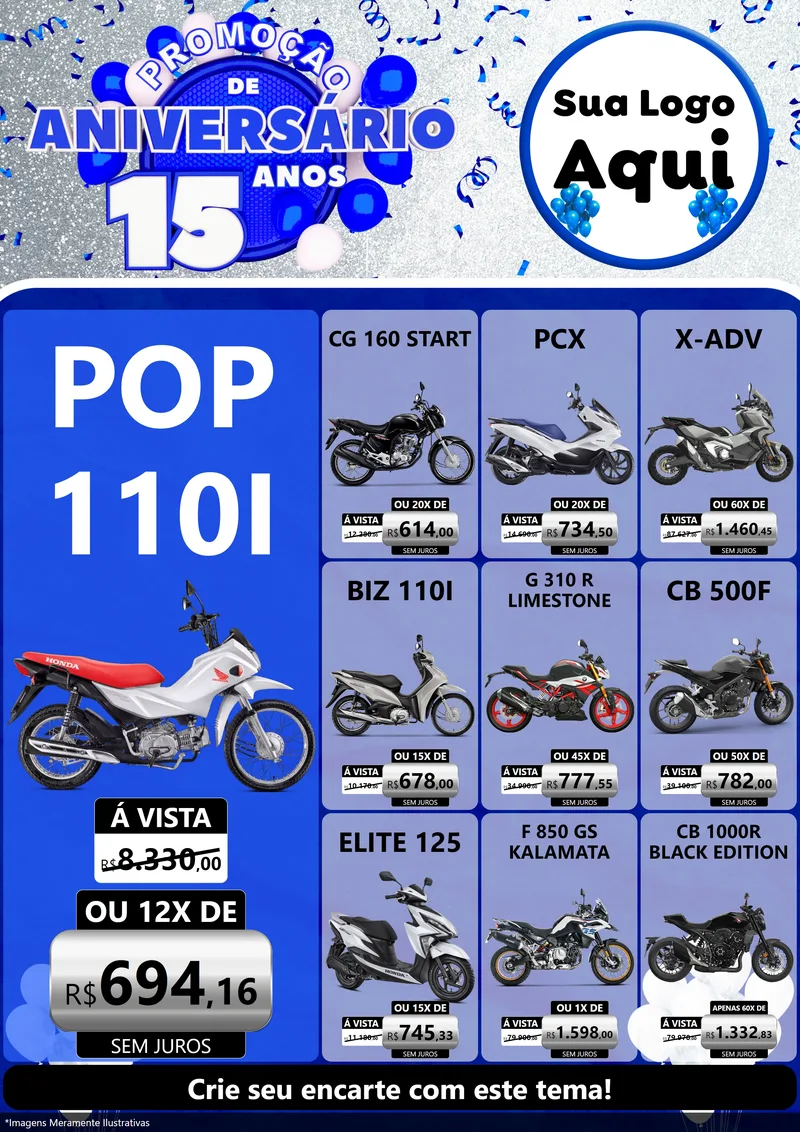 Modelo de Encarte para Encarte A4 Vertical com o tema Promoção de Aniversário - 15 Anos para Concessionaria de Motos