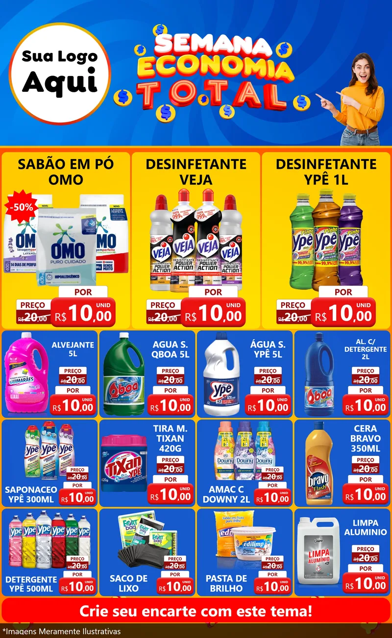 Modelo de Encarte para Encarte Grande com o tema Semana Economia Total para Produtos de Limpeza