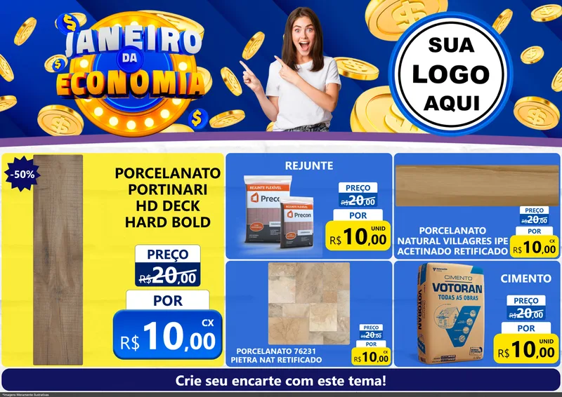 Modelo de Encarte para Encarte A4 Horizontal com o tema Janeiro da Economia para Pisos e revestimentos
