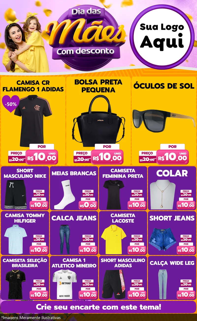 Modelo de Encarte para Encarte Grande com o tema Dia das Mães com Desconto para Roupas e acessórios
