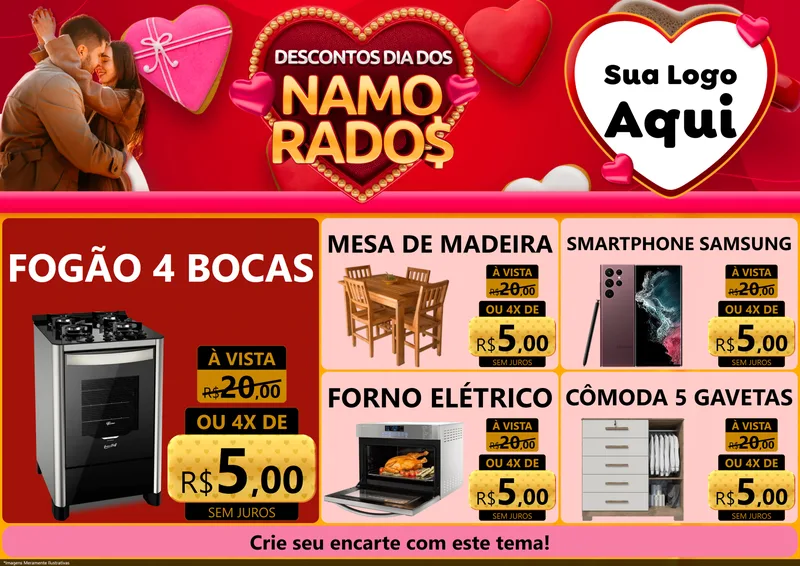 Modelo de Encarte para Encarte A4 Horizontal com o tema Descontos Dia dos Namorados para Móveis e Eletro