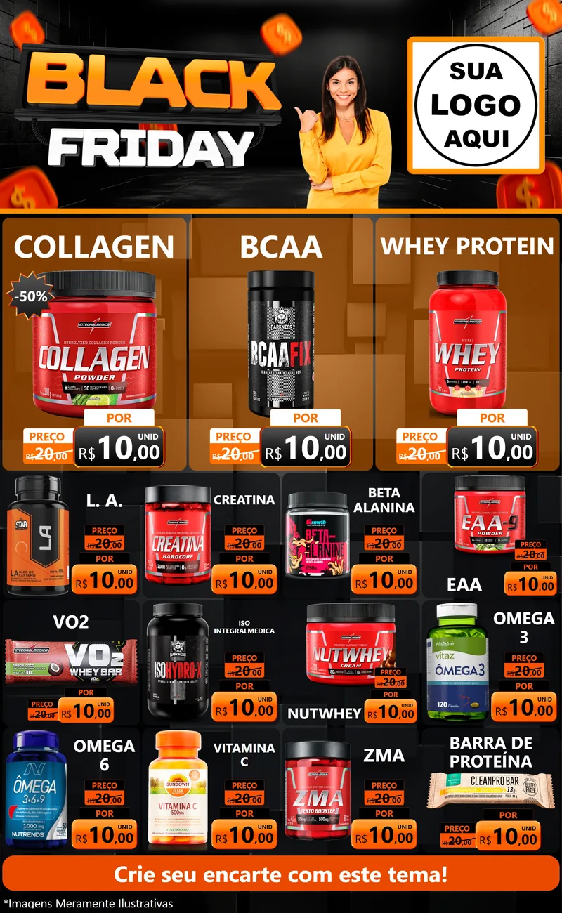 Modelo de Encarte para Encarte Grande com o tema Black Friday para Suplementos alimentares