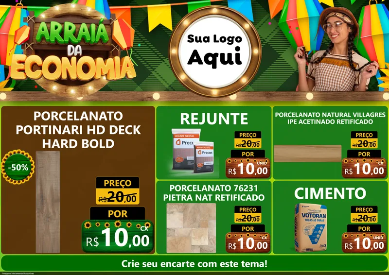 Modelo de Encarte para Encarte A4 Horizontal com o tema Arraiá de Economia para Pisos e revestimentos