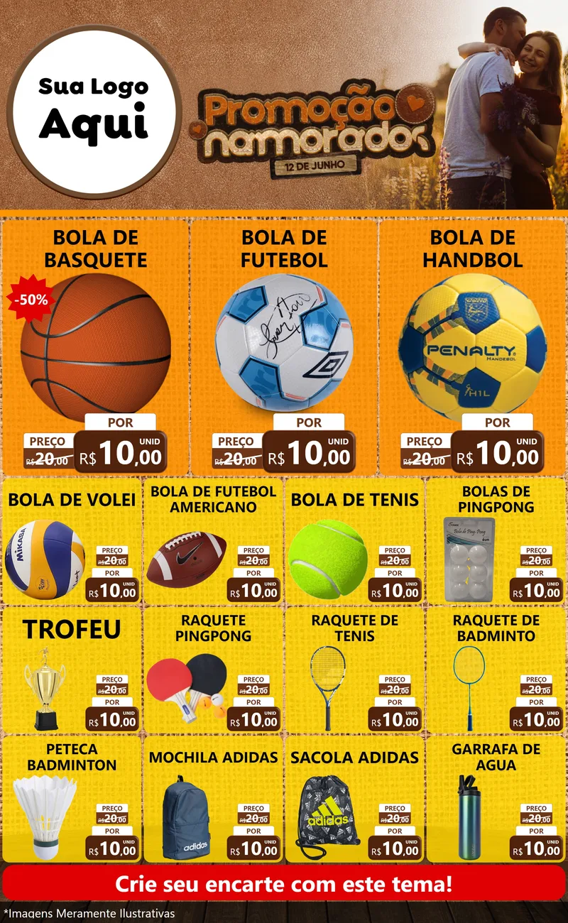 Modelo de Encarte para Encarte Grande com o tema Promoção Namorados para Artigos Esportivos