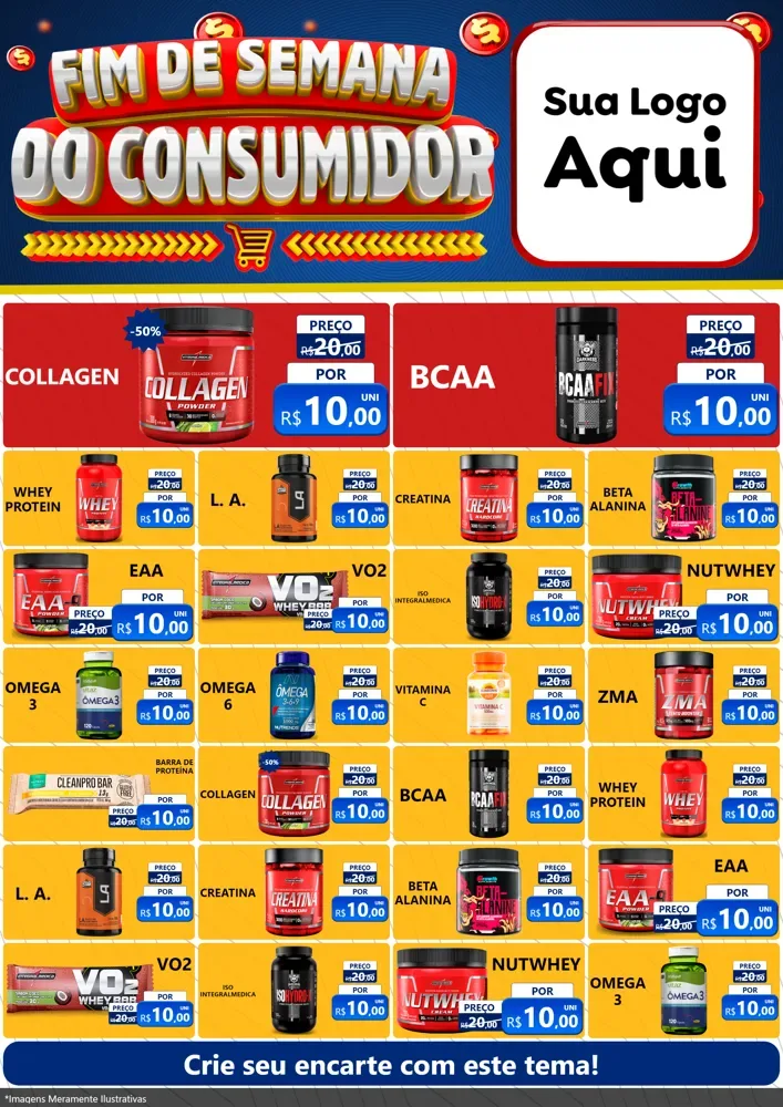 Modelo de Encarte para Encarte A4 Vertical com o tema Fim de Semana do Consumidor para Suplementos alimentares