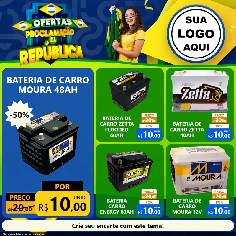 Modelo de Rede Social para Feed Facebook com o tema Ofertas Proclamação da República para Baterias Elétricas