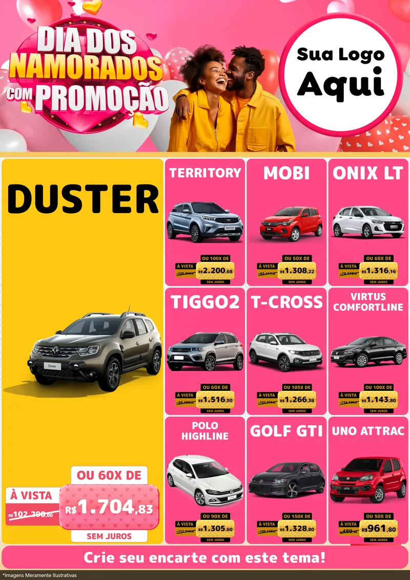 Modelo de Encarte para Encarte A4 Vertical com o tema Dia dos Namorados com Promoção para Concessionaria de Carros