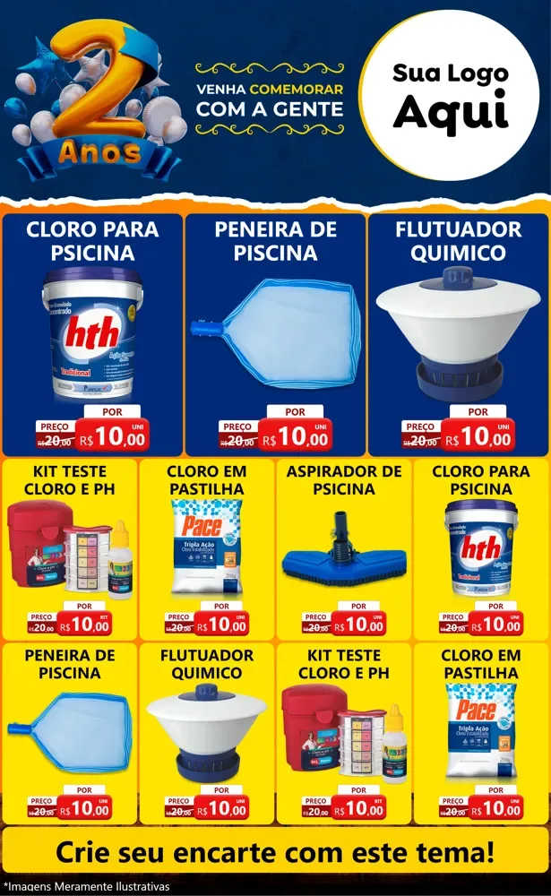 Modelo de Encarte para Encarte Grande com o tema Aniversário de 2 anos para Produtos para Piscina