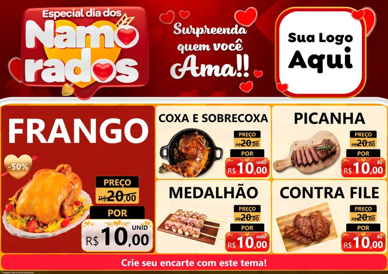 Modelo de Encarte para Encarte A4 Horizontal com o tema Especial Dia dos Namorados para Assados