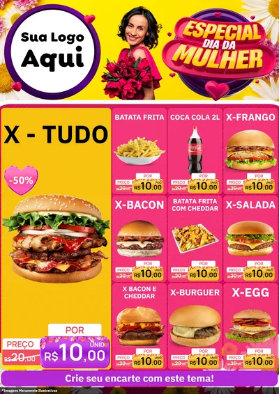 Modelo de Encarte para Encarte A4 Vertical com o tema Especial Dia da Mulher para Hamburgueria