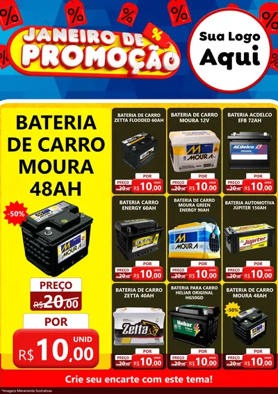 Modelo de Encarte para Encarte A4 Vertical com o tema Janeiro de Promoção para Baterias Elétricas