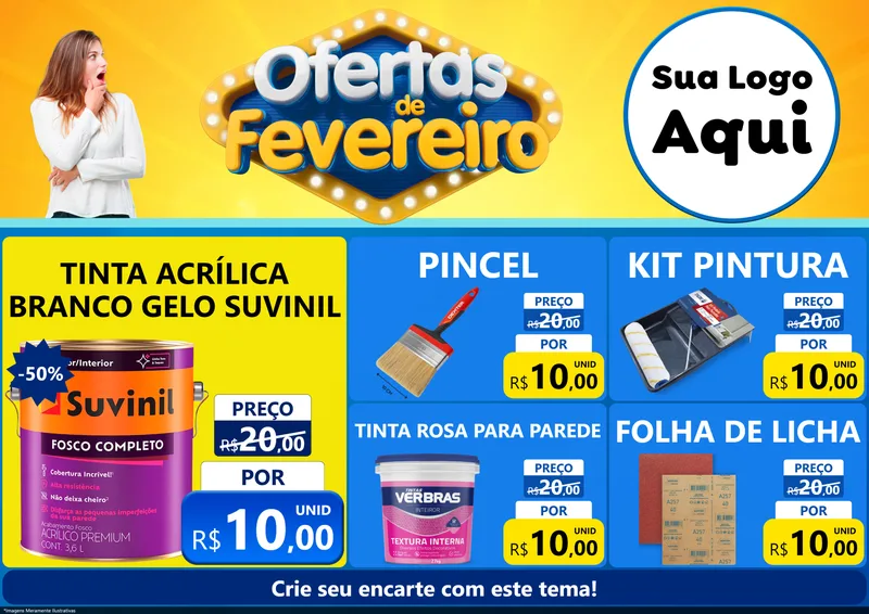 Modelo de Encarte para Encarte A4 Horizontal com o tema Ofertas de Fevereiro para Tintas e Ferramentas