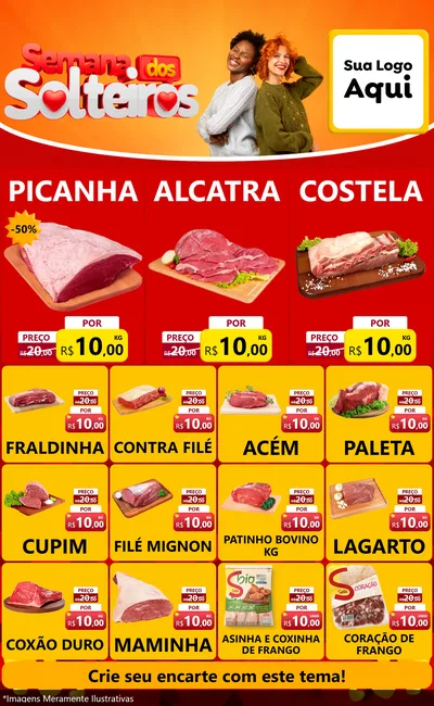 Modelo de Encarte para Encarte Grande com o tema Semana dos Solteiros para Açougue