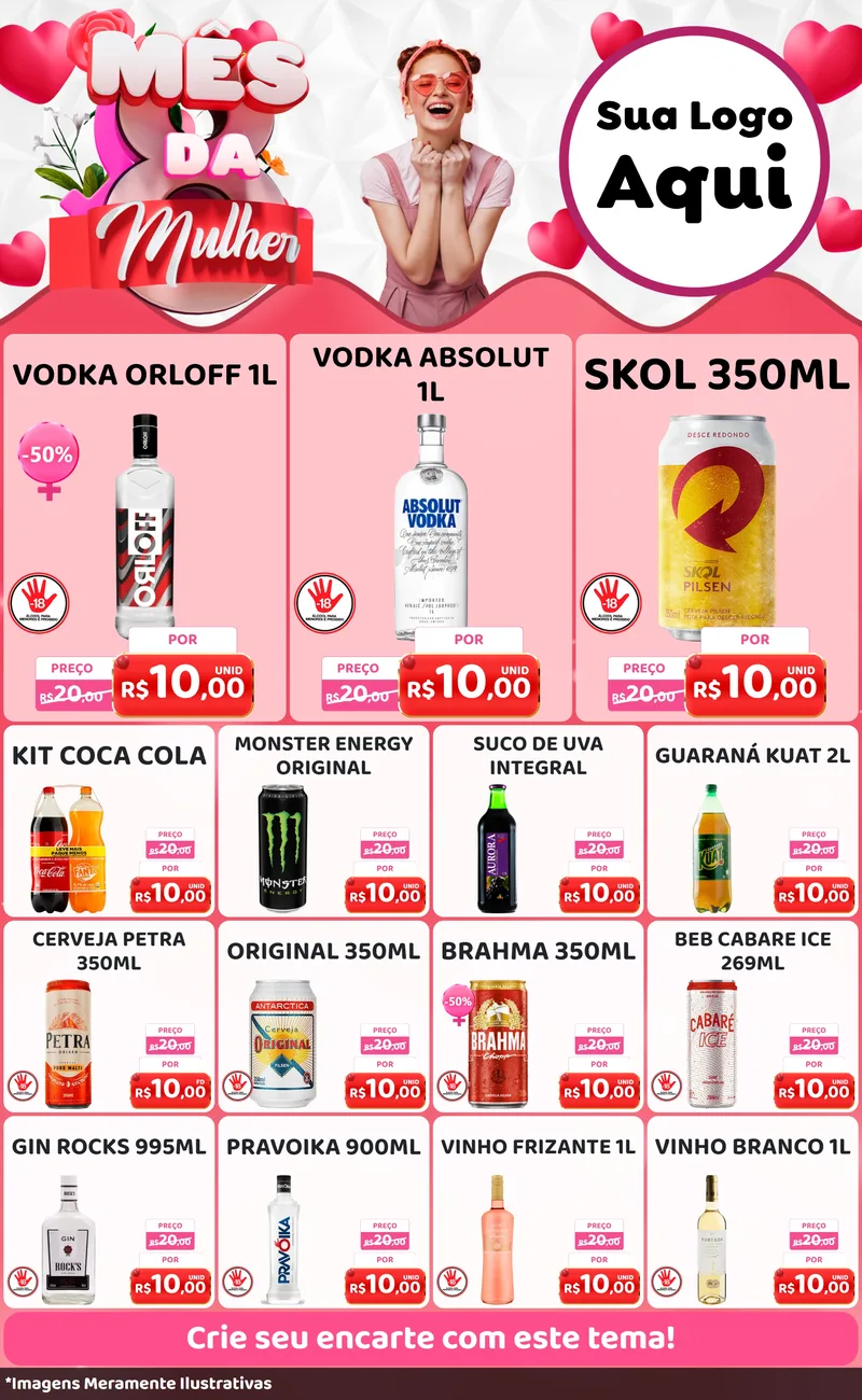 Modelo de Encarte para Encarte Grande com o tema Mês da Mulher para Distribuidora de bebidas