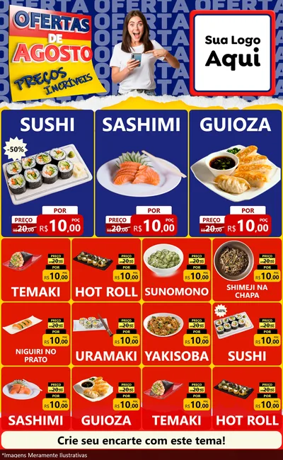 Modelo de Encarte para Encarte Grande com o tema Ofertas de Agosto - Preços Incríveis para Comida japonesa