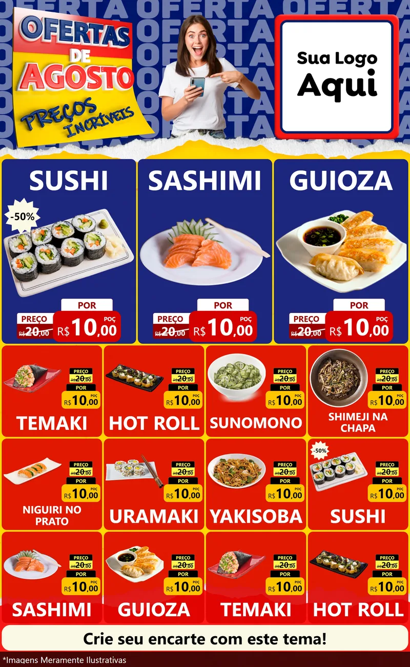 Modelo de Encarte para Encarte Grande com o tema Ofertas de Agosto - Preços Incríveis para Comida japonesa