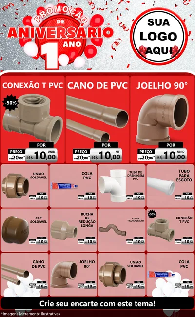 Modelo de Encarte para Encarte Grande com o tema Promoção de Aniversário - 1 Ano para Tubos e conexões