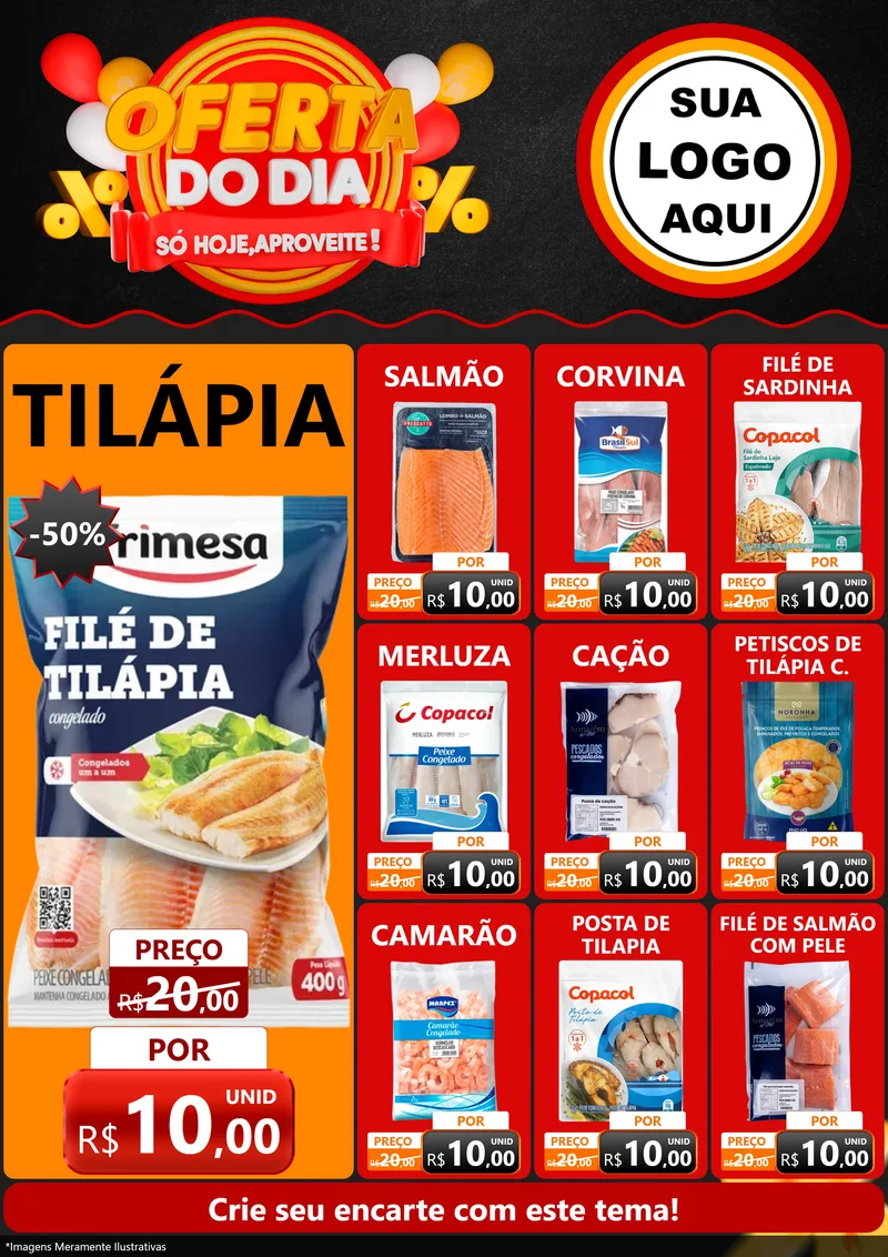 Modelo de Encarte para Encarte A4 Vertical com o tema Oferta do Dia - Só hoje, Aproveite! para Peixaria