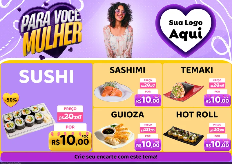 Modelo de Encarte para Encarte A4 Horizontal com o tema Para Você, Mulher para Comida japonesa