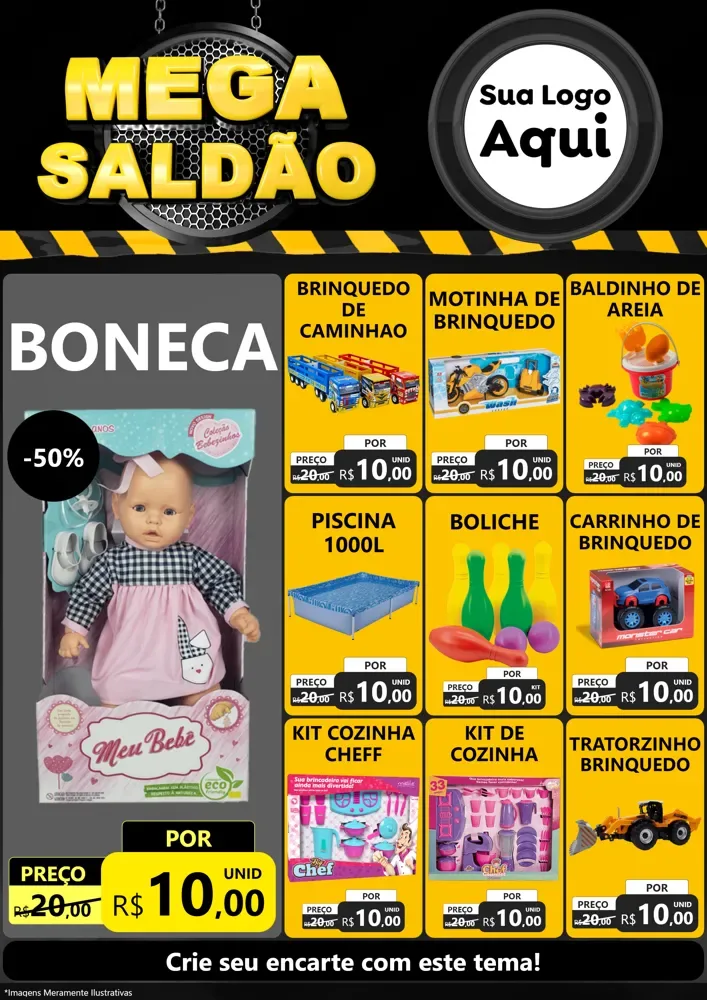 Modelo de Encarte para Encarte A4 Vertical com o tema Mega Saldão para Brinquedos