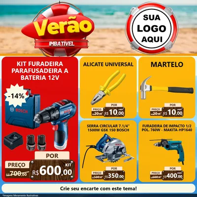 Modelo de Rede Social para Feed Facebook com o tema Verão Imbatível para Maquinas e Ferramentas