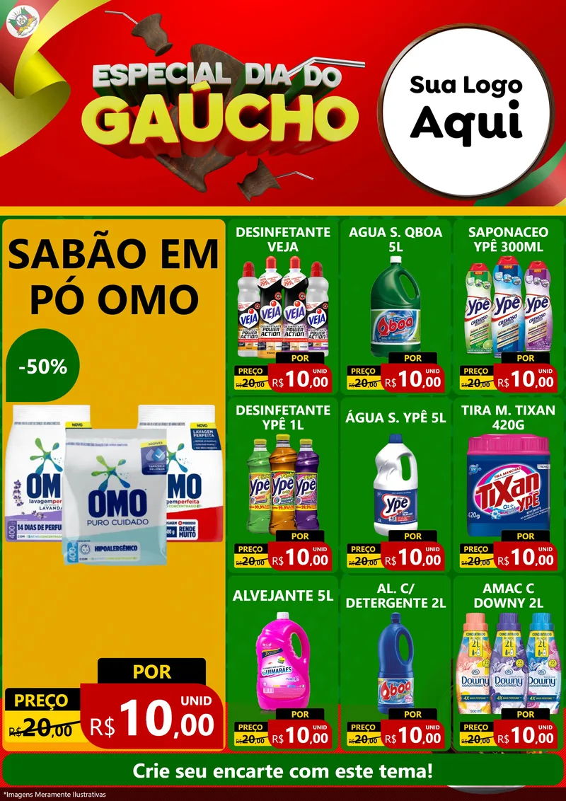 Modelo de Encarte para Encarte A4 Vertical com o tema Especial Dia do Gaúcho para Produtos de Limpeza