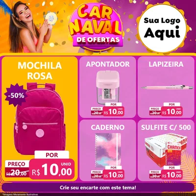 Modelo de Rede Social para Feed Facebook com o tema Carnaval de Ofertas para Papelaria