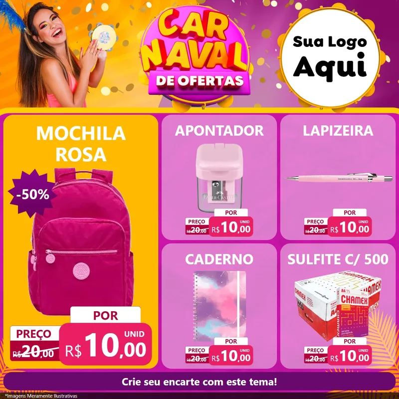 Modelo de Rede Social para Feed Facebook com o tema Carnaval de Ofertas para Papelaria