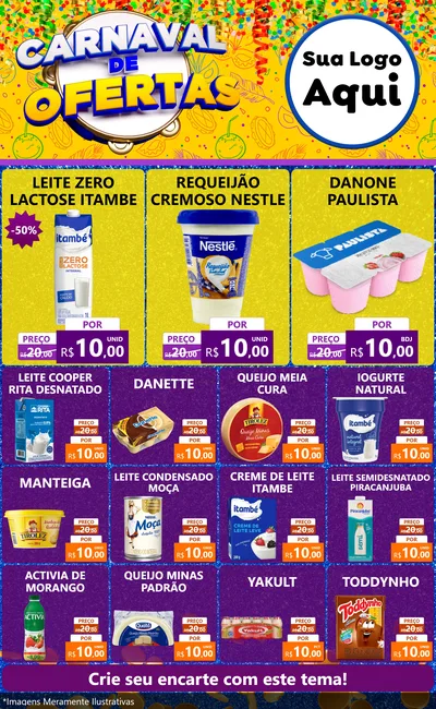 Modelo de Encarte para Encarte Grande com o tema Carnaval de Ofertas para Frios e Laticínios