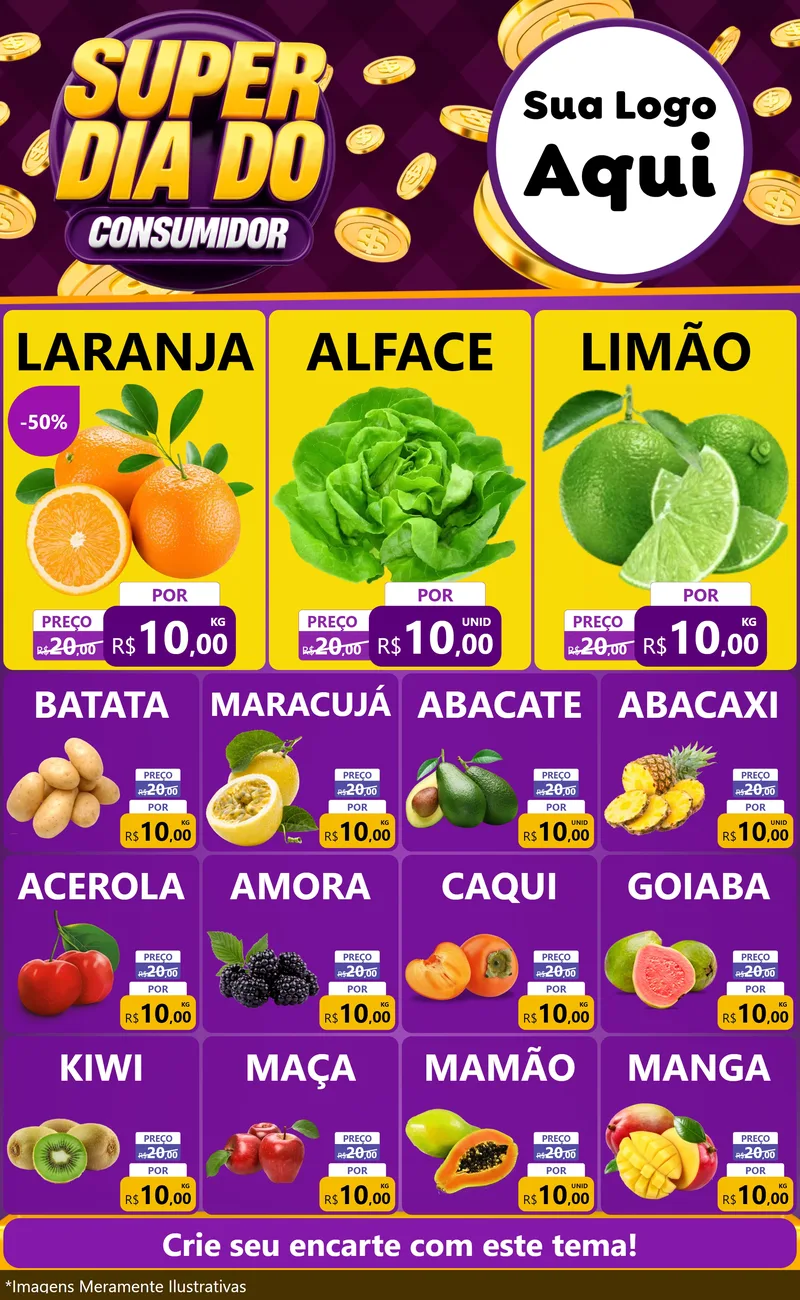 Modelo de Encarte para Encarte Grande com o tema Super Dia do Consumidor para Hortifrúti