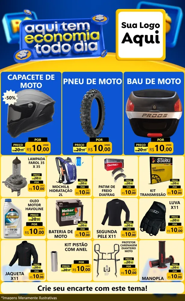 Modelo de Encarte para Encarte Grande com o tema Aqui Tem Economia Todo Dia para Moto peças