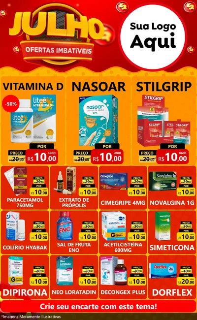 Modelo de Encarte para Encarte Grande com o tema Julho Ofertas Imbatíveis para Farmácia