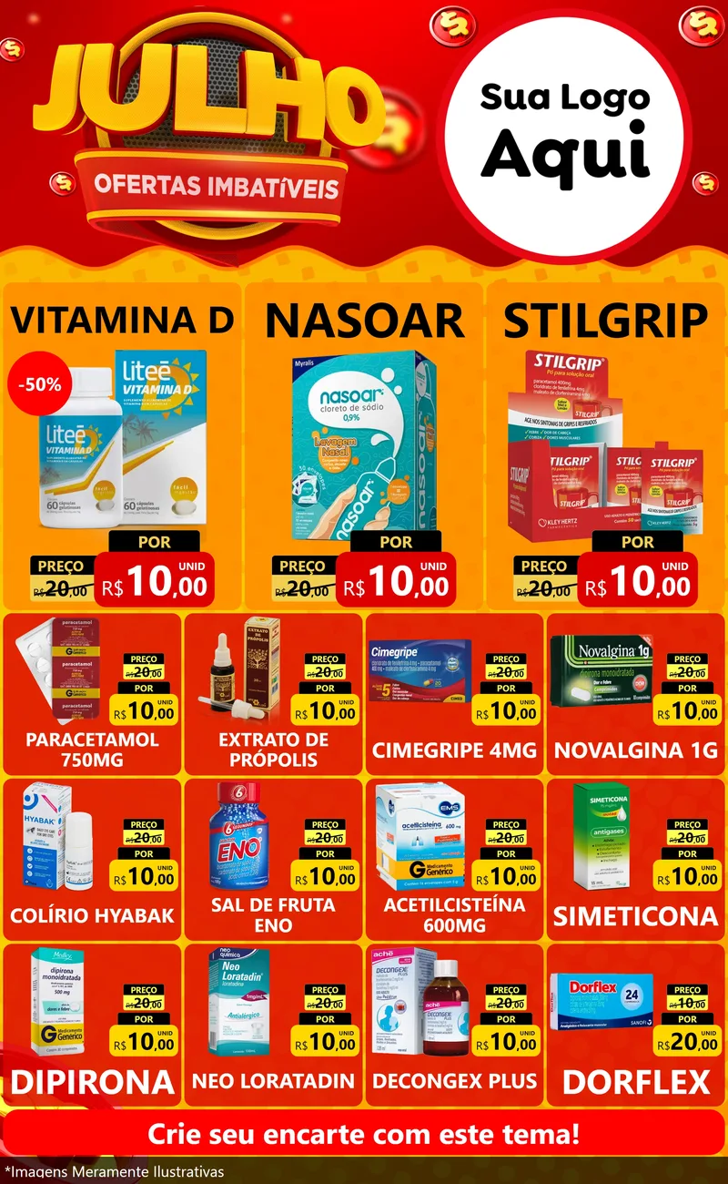 Modelo de Encarte para Encarte Grande com o tema Julho Ofertas Imbatíveis para Farmácia