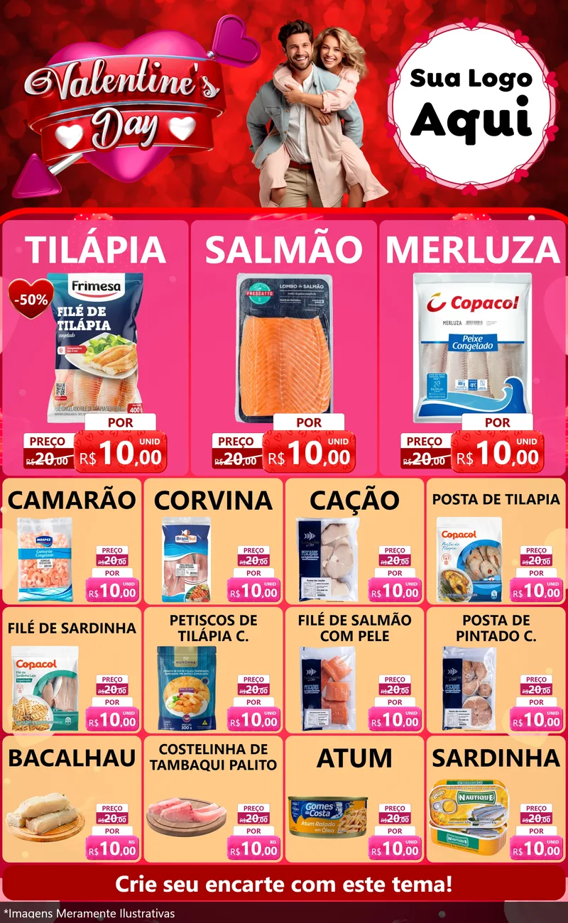 Modelo de Encarte para Encarte Grande com o tema Valentine's Day para Peixaria