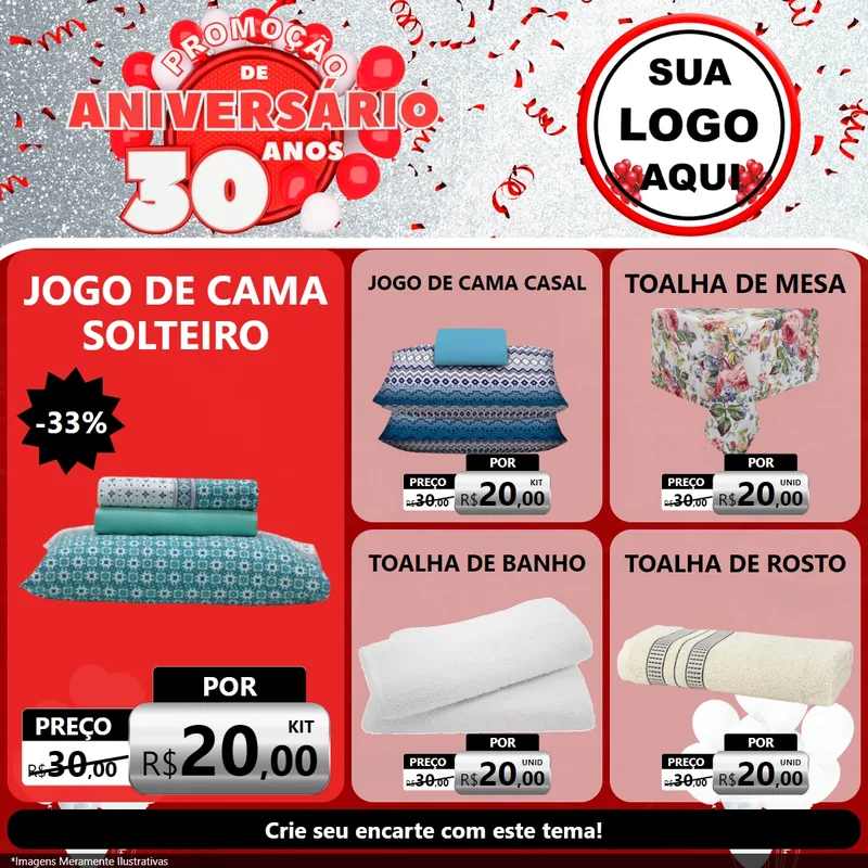 Modelo de Rede Social para Feed Facebook com o tema Promoção de Aniversário - 30 Anos para Cama, Mesa e Banho