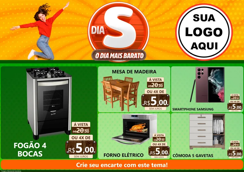 Modelo de Encarte para Encarte A4 Horizontal com o tema Dia S - O Dia Mais Barato para Móveis e Eletro