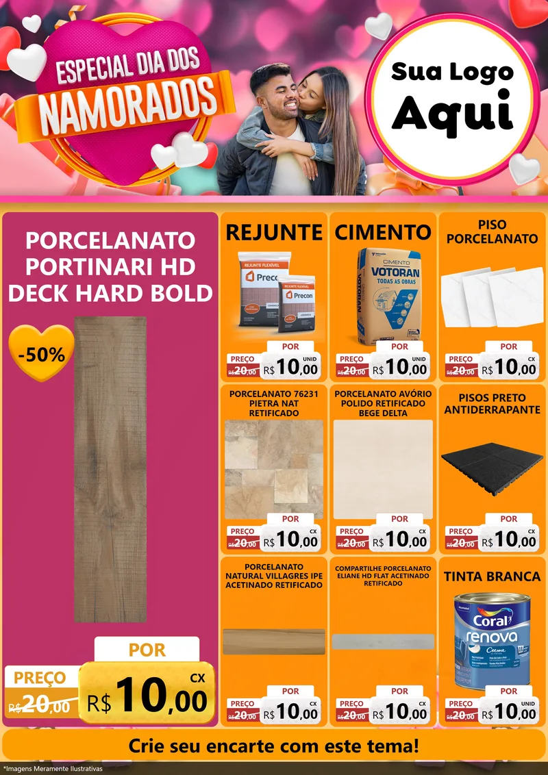 Modelo de Encarte para Encarte A4 Vertical com o tema Especial Dia dos Namorados para Pisos e revestimentos
