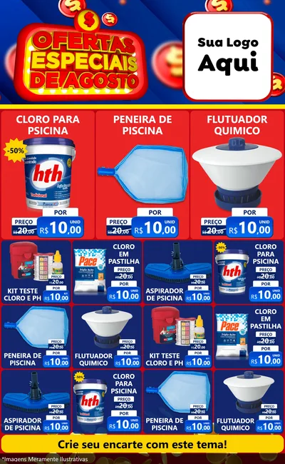 Modelo de Encarte para Encarte Grande com o tema Ofertas Especiais de Agosto para Produtos para Piscina