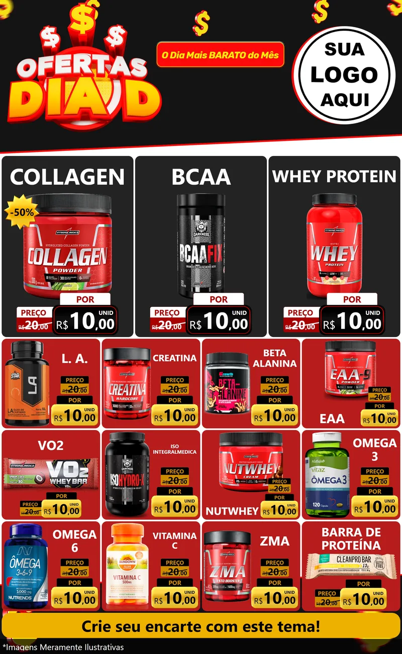 Modelo de Encarte para Encarte Grande com o tema Ofertas Dia D para Suplementos alimentares