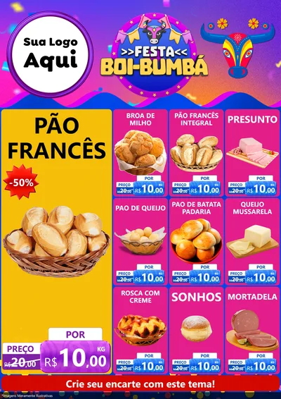 Modelo de Encarte para Encarte A4 Vertical com o tema Festa Boi-Bumbá para Padaria