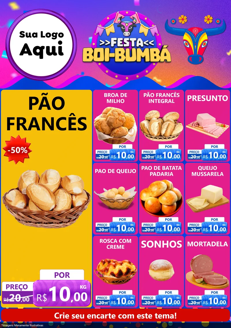 Modelo de Encarte para Encarte A4 Vertical com o tema Festa Boi-Bumbá para Padaria