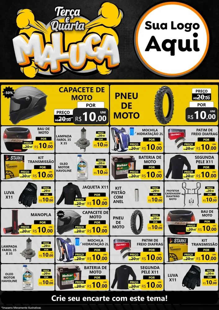 Modelo de Encarte para Encarte A4 Vertical com o tema Terça e Quarta Maluca para Moto peças