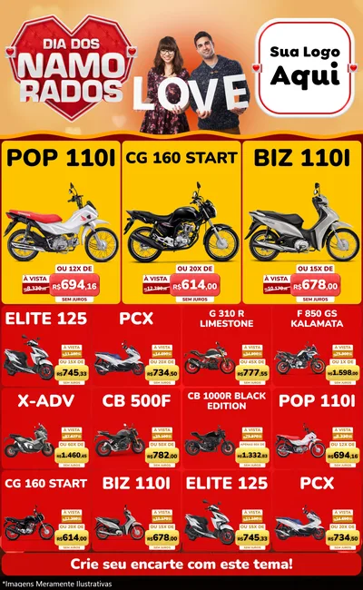 Modelo de Encarte para Encarte Grande com o tema Dia dos Namorados para Concessionaria de Motos