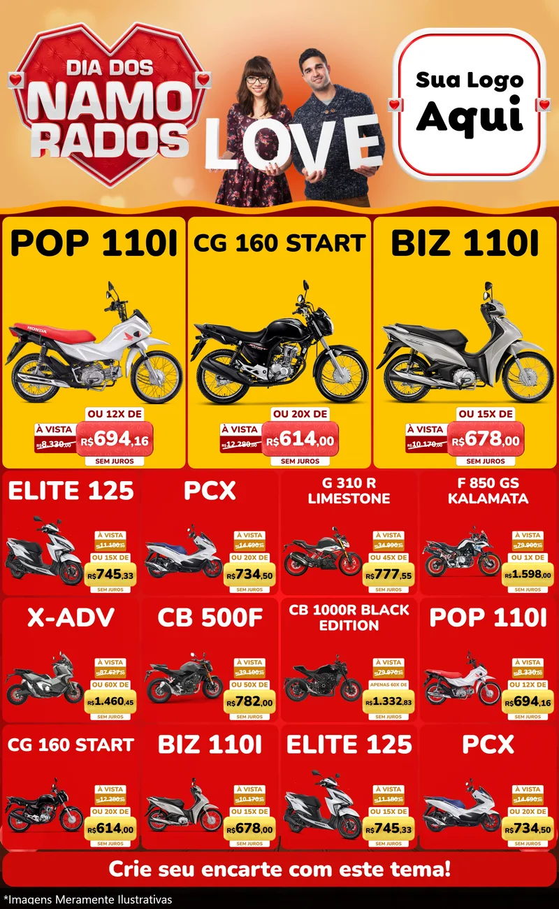 Modelo de Encarte para Encarte Grande com o tema Dia dos Namorados para Concessionaria de Motos
