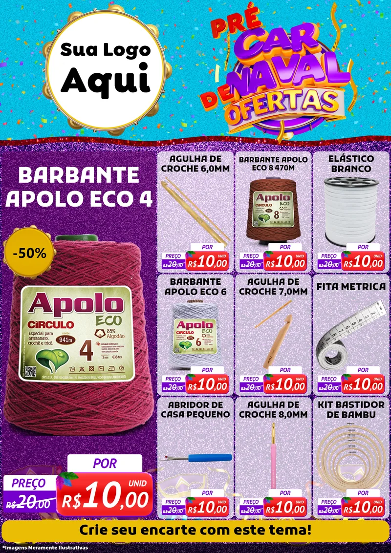 Modelo de Encarte para Encarte A4 Vertical com o tema Pré Carnaval de Ofertas para Armarinho e Aviamentos
