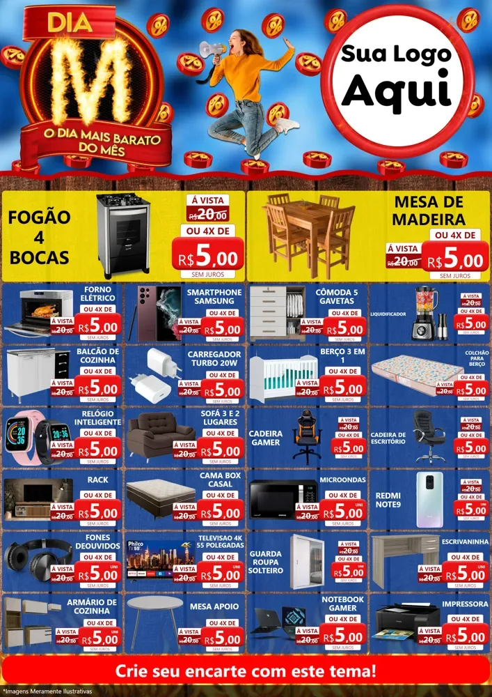 Modelo de Encarte para Encarte A4 Vertical com o tema Dia M - O Dia Mais Barato Do Mês para Móveis e Eletro