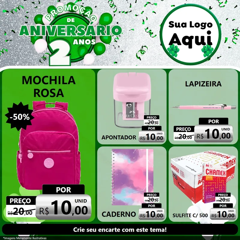 Modelo de Rede Social para Feed Facebook com o tema Promoção de Aniversário - 2 Anos para Papelaria