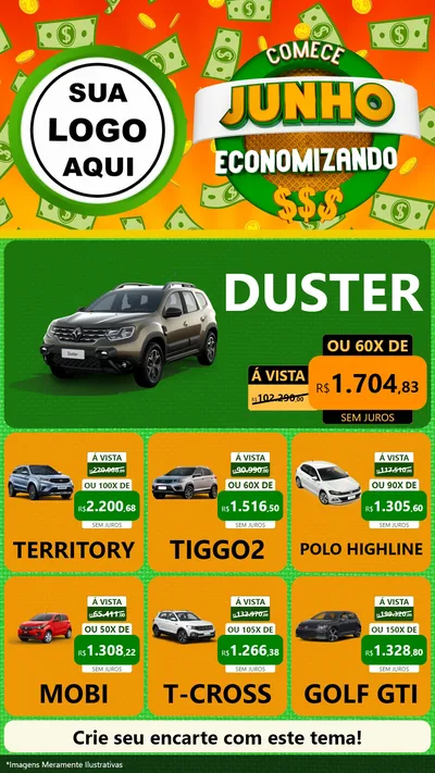 Modelo de Rede Social para Stories com o tema Comece Junho Economizando para Concessionaria de Carros