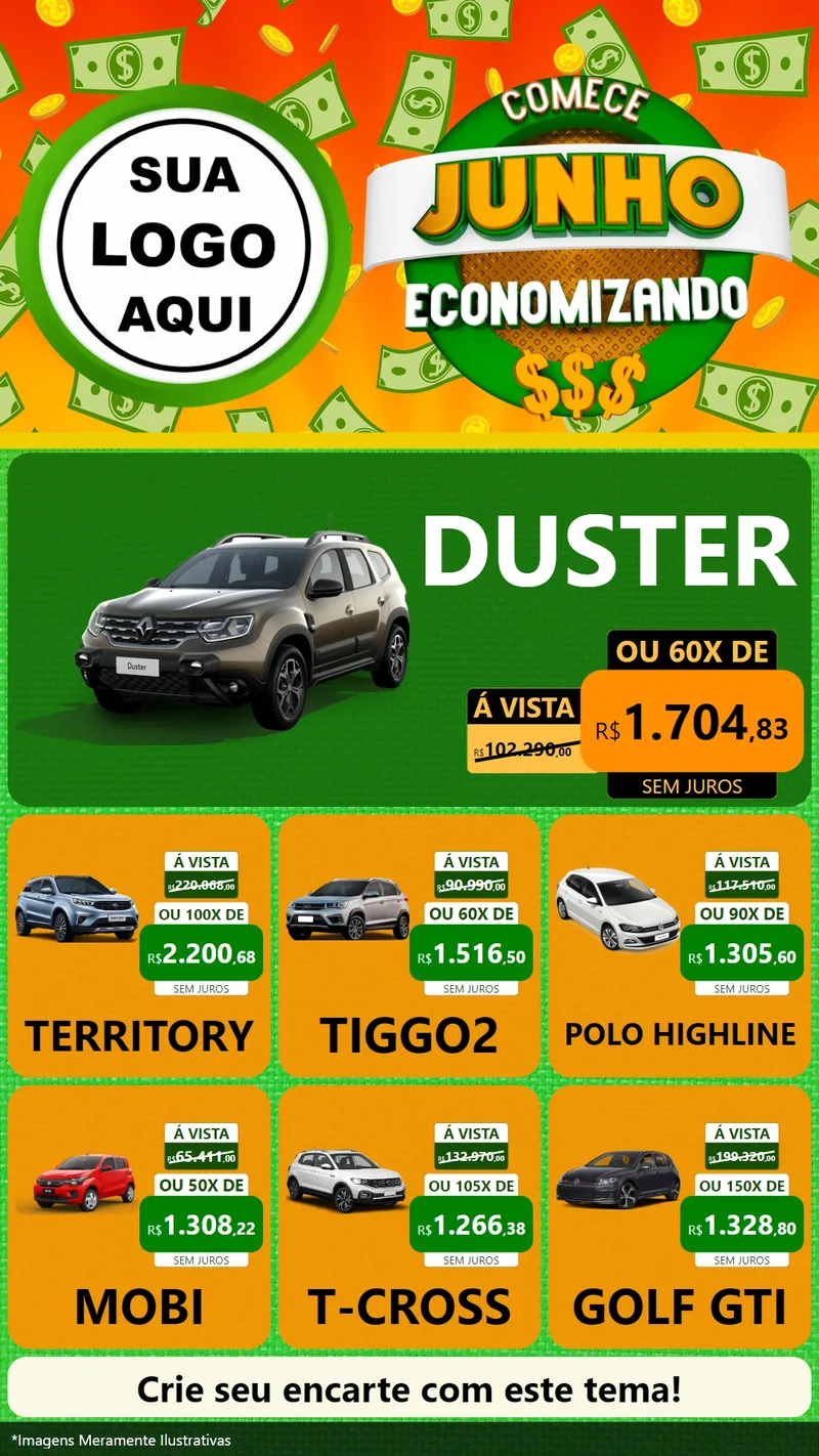 Modelo de Rede Social para Stories com o tema Comece Junho Economizando para Concessionaria de Carros